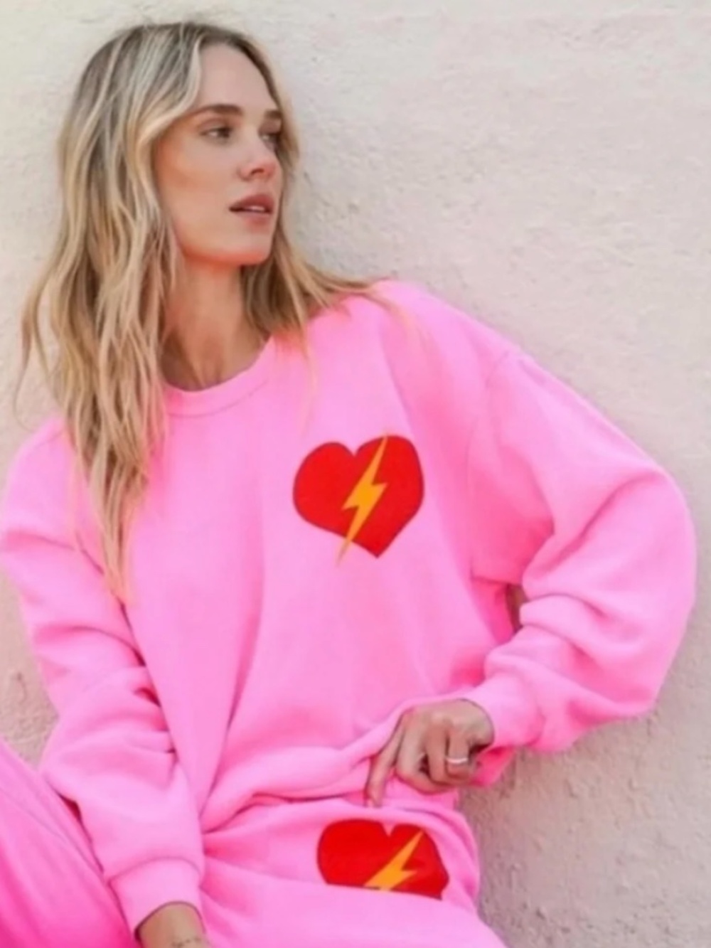 Aviator Nation Pink Bolt Heart Relaxed Crewneck LARGE